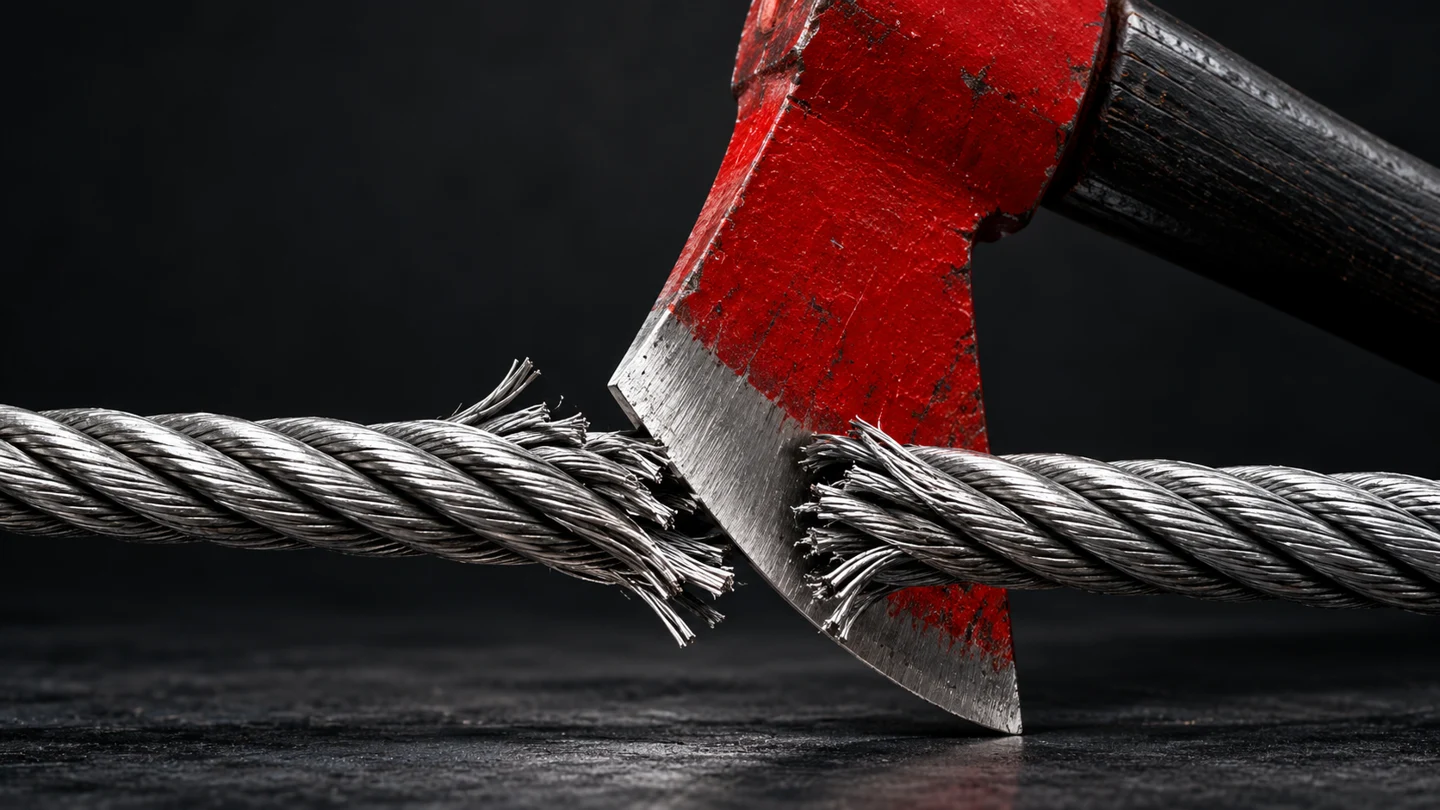 Hacha roja cortando un cable de acero, imagen conceptual del corte de anclajes